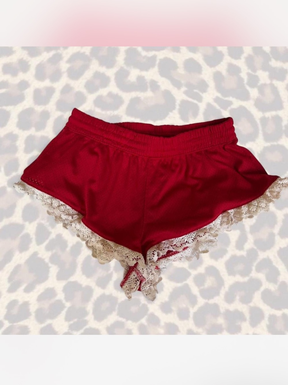 Free People Red Satin Shorts with Cream Lace Trim